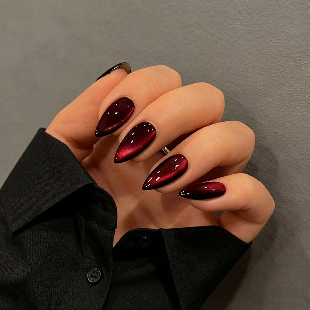 Wine Red Cat-Eye Chrome Press-On Nails | Almond Shape