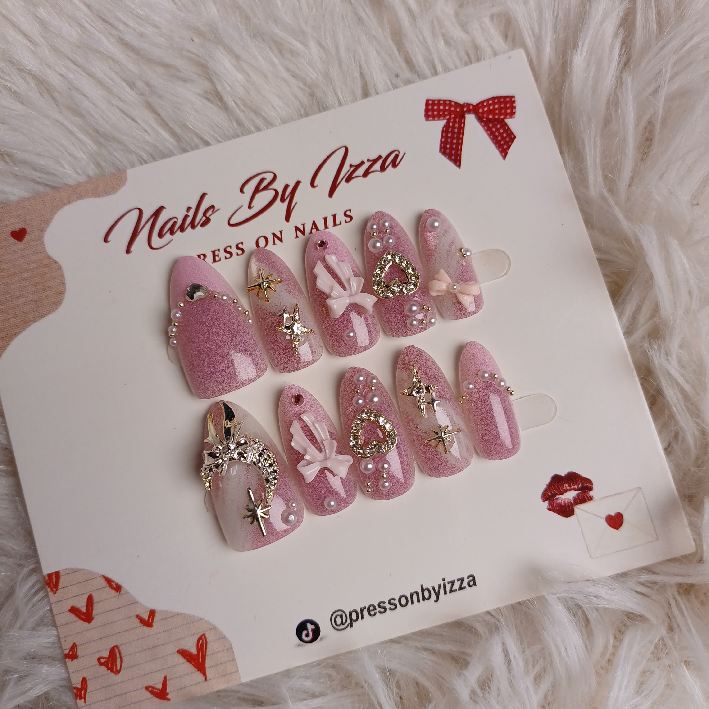 Pink Bow Pearl Press On Nails | 3D Heart & Rhinestone Fake Nails