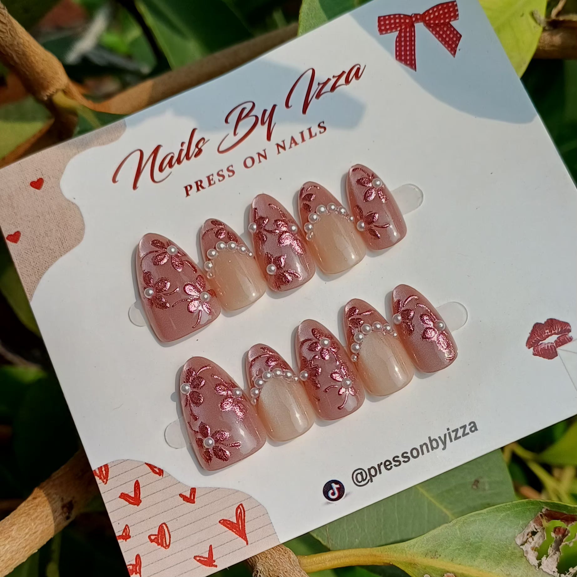 Rose Gold Floral pearl Handmade press on nails