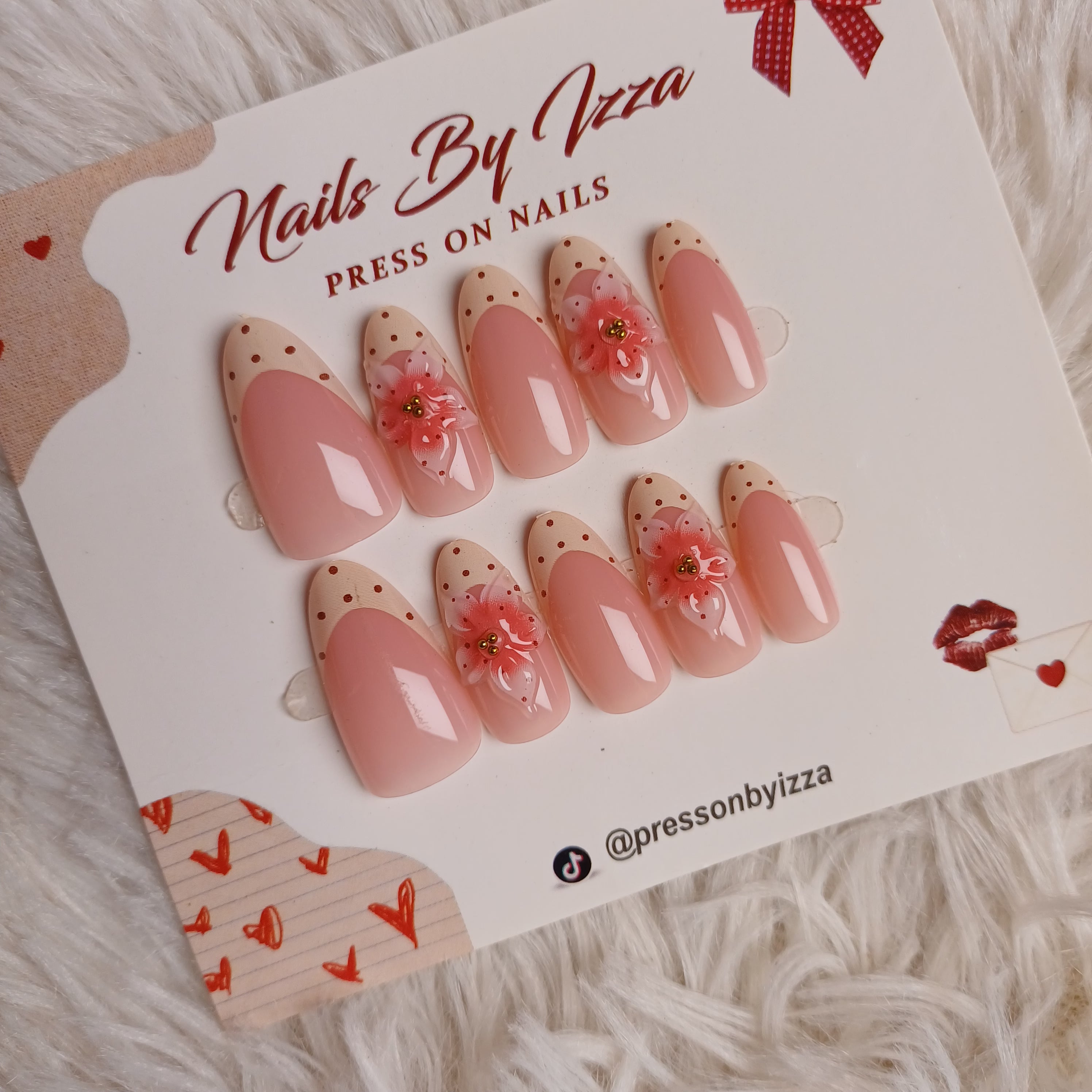 Pink Floral Press On Nails | 3D Flower Polka Dot Fake Nails