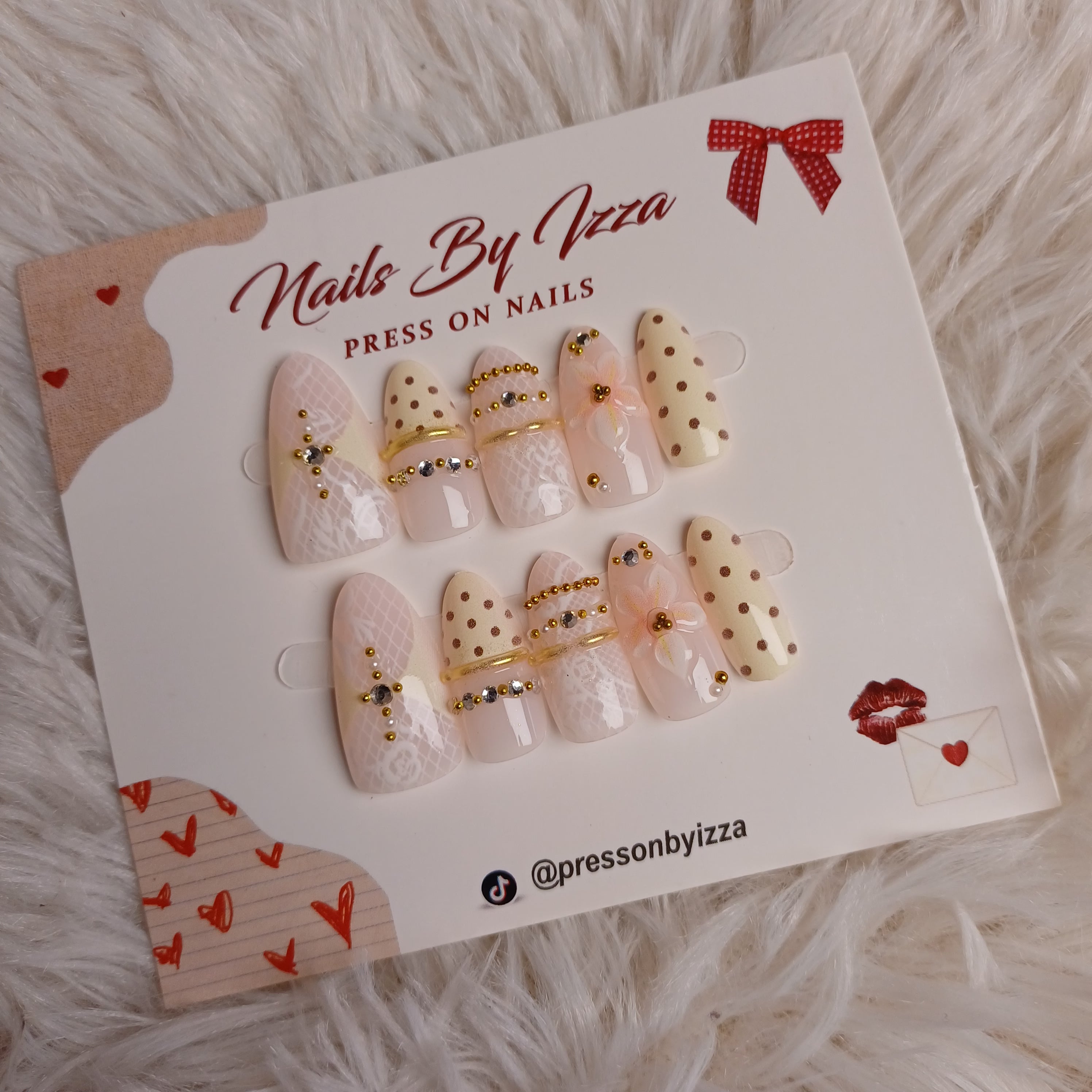 Nude Pink & White Press On Nails | Polka Dot 3D Floral Fake Nails
