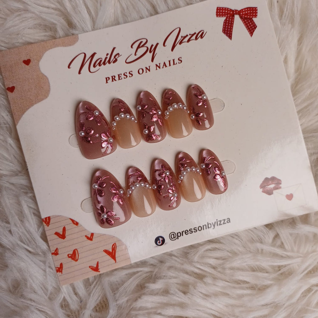 Pink Bow Press On Nails | Pearl 3D Flower Fake Nails | Press On By Izza