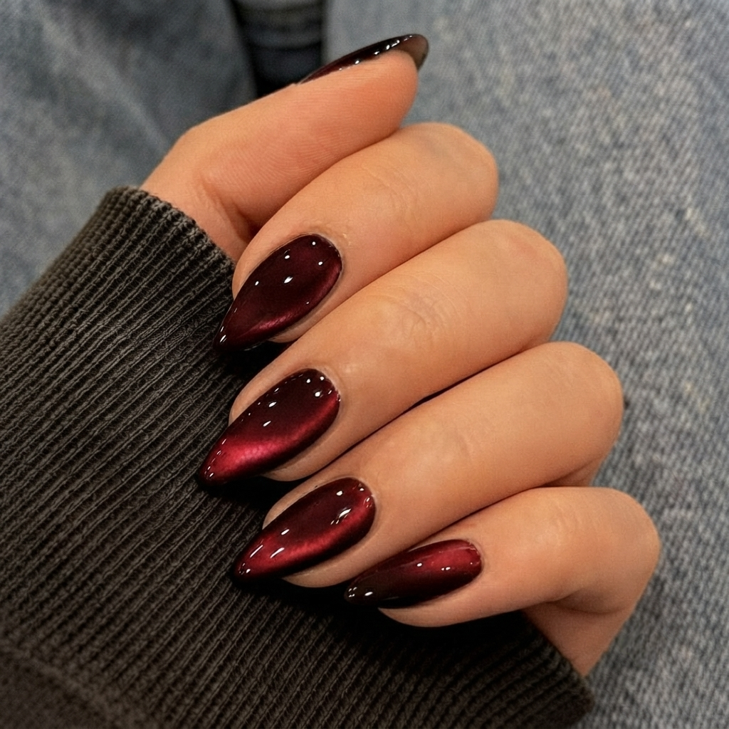Wine Red Cat-Eye Chrome Press-On Nails | Almond Shape
